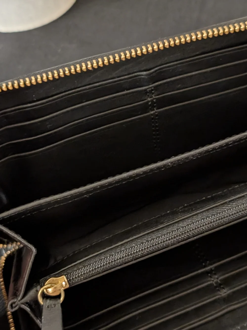 Coach Black Leather Zip Around Continental Wallet Gold